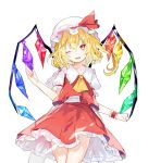  1girl ascot blonde_hair cowboy_shot fang flandre_scarlet hand_up hat hat_ribbon looking_at_viewer miniskirt mob_cap nuudoru one_eye_closed puffy_short_sleeves puffy_sleeves red_eyes red_ribbon red_skirt ribbon short_sleeves simple_background sketch skirt skirt_set smile solo standing touhou white_hat wings wrist_cuffs yellow_neckwear 