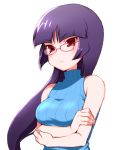  1girl 90s akira_(natsumemo) bare_shoulders blush breast_hold breasts crossed_arms frown glasses gym_leader hime_cut long_hair looking_at_viewer medium_breasts natsume_(pokemon) nintendo pokemon pokemon_(game) pokemon_rgby purple_hair red-framed_eyewear red-framed_glasses red_eyes simple_background solo tsurime turtleneck upper_body white_background 