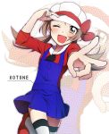  blush brown_eyes brown_hair dress happy hat kotone_(pokemon) long_hair overall pokemon twintails 