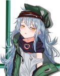  1girl bangs blush breasts brown_eyes buckle coat collarbone collared_coat deadpan eyebrows_visible_through_hair eyes_visible_through_hair g11_(girls_frontline) girls_frontline green_coat green_hat grey_shirt gun hair_between_eyes half-closed_eyes hat highres kuki_panda_(wkdwnsgk13) long_hair looking_at_viewer messy_hair multiple_girls off_shoulder open_clothes open_coat open_mouth scarf scarf_on_head shirt silver_hair simple_background sleeveless sleeveless_shirt small_breasts solo strap very_long_hair weapon 