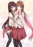  2girls :d black_hair brown_hair cardigan green_eyes long_hair matsumi_kuro matsumi_yuu mittens multiple_girls nasubi_sakari open_mouth pantyhose saki saki_achiga-hen scarf school_uniform siblings sisters skirt smile thigh-highs very_long_hair violet_eyes yuri zettai_ryouiki 