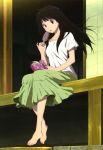  1girl :o absurdres barefoot black_hair book chitanda_eru feet food highres hyouka long_hair nyantype official_art open_book open_mouth pinky_out popsicle porch scan sezaki_rie sitting skirt solo veranda violet_eyes 