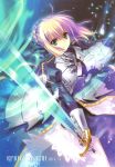 1girl ahoge armor armored_dress blonde_hair blue_eyes carnelian dress excalibur fate/stay_night fate_(series) faulds gauntlets hair_ribbon highres light_particles ribbon saber solo sword weapon wind 