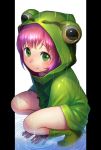  1girl arm_support bangs boots child closed_mouth drawstring frog_hood frog_raincoat frown full_body green_eyes green_footwear highres hood hood_up kalua long_sleeves looking_at_viewer original outside_border pillarboxed pink_hair rain raincoat rubber_boots short_hair solo squatting wet zipper 