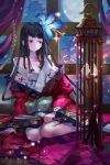  1girl architecture bird birdcage black_hair cage curtains east_asian_architecture fan fangzhenyu floral_print flower hair_flower hair_ornament inishie_no_megami_to_houseki_no_ite japanese_clothes long_hair moon official_art paper_fan sitting wide_sleeves window 