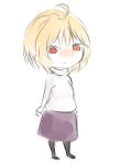  00s 1girl ahoge arcueid_brunestud arms_behind_back black_legwear blonde_hair chibi chibibro drawfag long_skirt pantyhose purple_skirt red_eyes short_hair simple_background skirt solo sweater tsukihime turtleneck white_background 