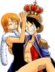 1boy 1girl abs black_dress black_hair carrying closed_eyes crown dress earrings epaulettes fur grin hat jewelry lowres monkey_d_luffy muscle nami_(one_piece) one_piece open_clothes open_shirt orange_hair princess_carry scar scarf shirt short_hair simple_background smile straw_hat white_background yamadaenako 