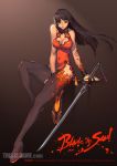  1girl black_background black_eyes black_hair black_legwear blade_&amp;_soul boots breasts china_dress chinese_clothes cleavage cleavage_cutout copyright_name dress female highres jpeg_artifacts kim_hyung_tae large_breasts legs long_hair long_legs simple_background solo sword thigh-highs thigh_boots thighs watermark weapon 