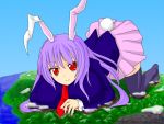  1girl all_fours animal_ears bad_id bunny_tail clouds dautsen female giantess necktie purple_hair rabbit_ears red_eyes reisen_udongein_inaba skirt solo tail touhou 