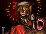  1girl ascot blonde_hair candle creepy empty_eyes fangs female flandre_scarlet hat open_mouth saliva side_ponytail smile solo stuffed_animal stuffed_toy teddy_bear touhou verynezumi wings 