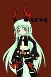  1girl armor black_gold_saw black_rock_shooter breasts cleavage crossover ex-keine green_hair horns jacket kamishirasawa_keine long_hair midriff red_eyes small_breasts solo touhou xkaishaku 