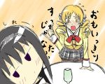  2girls akemi_homura bad_id blonde_hair blush drill_hair hair_ornament kamiya_mika mahou_shoujo_madoka_magica mirai_nikki multiple_girls pantyhose parody plaid plaid_skirt ribbon school_uniform skirt tomoe_mami 