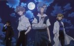  1girl 3boys adjusting_glasses akagi_ritsuko arm_sling ayanami_rei bandage bandage_over_one_eye beard black_hair blonde_hair blue_hair clouds dress facial_hair formal from_below full_moon glasses hand_in_pocket ikari_gendou labcoat moon multiple_boys nagisa_kaworu neon_genesis_evangelion official_art pencil_skirt school_uniform short_hair silver_hair skirt sky suit wind 