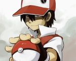  1boy 90s baseball_cap black_hair fingerless_gloves foreshortening gloves hands hat holding holding_poke_ball looking_at_viewer lowres male_focus md5_mismatch poke_ball pokemon pokemon_(game) pokemon_rgby poppo16 red_(pokemon) red_(pokemon)_(classic) red_eyes solo 