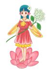  1girl aqua_hair barefoot brown_eyes dress fairy flower gahiro minigirl original smile solo 
