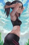  1girl absurdres alternate_costume armpits ass black_hair blue_sky blush breasts brown_eyes clothes_lift clouds from_side highres huge_filesize ijiranaide_nagatoro-san looking_at_viewer nagatoro_hayase ponytail shirt_lift shizu_(shizuillust) sky small_breasts sports_bra sweat tree tying_hair wet 