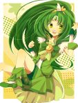 1girl :d bow cure_march dress green_eyes green_hair hair_ornament hand_in_hair highres long_hair midorikawa_nao natsucha125 open_mouth precure skirt smile smile_precure! solo 