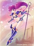  00s 1girl 2009 80s armor asagiri_youko bikini_armor boots dated earrings genmu_senki_leda greaves jewelry knee_boots long_hair looking_at_viewer navel oldschool pauldrons purple_hair side_ponytail solo staff tamanegiinyo vambraces violet_eyes 