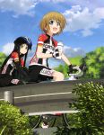  2girls absurdres bicycle bike_shorts biker_clothes bikesuit black_gloves black_hair black_shorts bottle brown_hair clouds cloudy_sky eyebrows eyebrows_visible_through_hair fingerless_gloves gloves green_eyes ground_vehicle helmet highres holding holding_bottle kurata_ami long_riders! multiple_girls open_mouth outdoors short_hair shorts shorts_under_skirt sitting sky smile sweatdrop takamiya_saki tree 