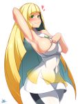  1girl artist_name bangs bare_shoulders blonde_hair blush breasts closed_mouth covered_navel dress dress_pull green_eyes hair_over_one_eye highres jewelry jmg large_breasts long_hair looking_at_viewer lusamine_(pokemon) magic_trick no_bra pokemon pokemon_(game) pokemon_sm simple_background sleeveless sleeveless_dress smile solo very_long_hair white_background white_dress 