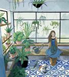  1girl blue_dress boots brown_hair cactus cat chiruda closed_eyes dress fern gardening green greenhouse long_hair looking_down original plant solo summer watering_can 