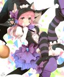  1girl :3 animal_ears bell bloomers blush boots bow breasts brown_eyes cat_ears cat_tail chita_(ketchup) cross-laced_clothes facial_mark frills hat hat_bow highres holding jingle_bell long_hair medium_breasts original pink_hair puffy_sleeves signature solo striped striped_legwear tail twitter_username underwear wand witch_hat 