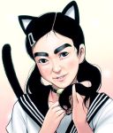  1girl animal_ears bad_id bell black_hair cat_ears cat_tail choker eyebrows imoto_ayako masao real_life school_uniform smile solo tail thick_eyebrows twintails 