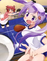  2girls absurdres ball bike_shorts black_bow black_shorts bow brown_eyes buruma eyebrows eyebrows_visible_through_hair flying_sweatdrops gym_uniform hair_bow hair_ornament hair_ribbon highres kamiya_agari long_hair multiple_girls paddle purple_hair redhead ribbon shakunetsu_no_takkyuu_musume shirt short_hair shorts sweat table_tennis table_tennis_ball table_tennis_paddle tsumujikaze_koyori twintails violet_eyes white_ribbon white_shirt wrist_cuffs 