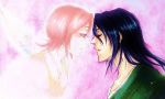  1boy 1girl black_hair bleach closed_eyes couple incipient_kiss japanese_clothes kuchiki_byakuya kuchiki_hisana long_hair looking_at_another lowres male_focus pink_hair violet_eyes 