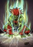  1boy abs all_fours blanka capcom chest_hair electricity green_skin long_hair male_focus muscle orange_hair shaded_face shorts solo spiky_hair squatting street_fighter wakabee 