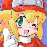  1girl :d blonde_hair blush capcom girutaabo gloves green_eyes hat heart looking_at_viewer lowres oekaki one_eye_closed open_mouth rockman rockman_dash roll_caskett smile solo thumbs_up wink 
