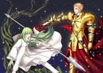  2boys androgynous armor blonde_hair chains ea_(fate/stay_night) earrings enkidu_(fate/strange_fake) fate/stay_night fate/strange_fake fate/zero fate_(series) gilgamesh green_eyes green_hair jewelry lamar1987 light_particles long_hair male_focus multiple_boys polearm red_eyes robe spear sword tattoo tree weapon 