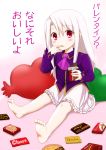  1girl bad_feet barefoot blush child chocolate dress fate/zero fate_(series) feet illyasviel_von_einzbern long_hair pillow red_eyes shimazaki_mujirushi solo valentine white_hair younger 