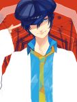  1girl androgynous artist_request atlus blue_eyes blue_hair cabbie_hat collared_shirt crossdressinging dark_persona female hat labcoat lips necktie persona persona_4 reverse_trap shadow_(persona) shirogane_naoto shirt short_hair smile solo 
