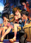  4girls absurdres ahoge bare_shoulders black_hair blonde_hair blue_eyes bracelet breasts brown_eyes brown_hair candy cat cellphone chin_rest cleavage closed_eyes cutoffs denim denim_shorts feet glasses green_eyes grin highres iphone jacket jewelry lollipop long_hair masa_(masa-koba) medium_breasts multiple_girls o-ring_top open_mouth original phone ramune sandals short_hair short_twintails shorts sitting skirt small_breasts smartphone smile strapless sweatdrop tan tank_top tanline track_jacket track_suit tubetop twintails 