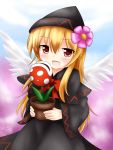  1girl black_dress blonde_hair blue_sky blush bow clouds crossover dress flower hair_flower hair_ornament hat highres holding lily_black lily_white long_hair looking_at_viewer super_mario_bros. open_mouth piranha_plant plant potted_plant purple_background red_eyes ribbon sky super_mario_bros. touhou wings yuyumi_(yuurei) 