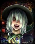  1girl adesa blood creepy eyelashes eyes flower glowing glowing_eyes green_eyes green_hair hair_over_one_eye hat heart komeiji_koishi lips monster monster_girl multicolored_hair nose open_mouth sharp_teeth solo teeth third_eye touhou uvula white_hair 