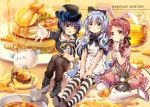  3girls alice_(wonderland)_(cosplay) alice_in_wonderland animal_ears anko_(gochuumon_wa_usagi_desuka?) black_bow black_hat black_legwear black_ribbon blue_eyes blue_hair blue_ribbon bow bowtie bracelet brown_eyes brown_hair clock collarbone crop_top dress eyebrows eyebrows_visible_through_hair fake_animal_ears glasses gloves gochuumon_wa_usagi_desu_ka? hair_bow hair_ribbon hands_on_legs hat headphones index_finger_raised jewelry jouga_maya kafuu_chino long_hair mitsuki_ponzu multiple_girls natsu_megumi open_mouth outstretched_arm pantyhose pink_dress rabbit_ears ribbon short_hair short_hair_with_long_locks sidelocks sitting smile striped striped_bow striped_legwear thigh-highs tippy_(gochuumon_wa_usagi_desuka?) white_gloves white_legwear wild_geese 