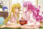  2girls :q absurdres ahoge alternate_hairstyle arf bare_legs barefoot bed between_thighs blonde_hair bottomless dress_shirt fate_testarossa feet highres kneeling kyrie_florian legs lipstick lipstick_tube long_hair lyrical_nanoha mahou_shoujo_lyrical_nanoha mahou_shoujo_lyrical_nanoha_a&#039;s mahou_shoujo_lyrical_nanoha_a&#039;s_portable:_the_gears_of_destiny makeup multiple_girls naked_shirt nyantype off_shoulder official_art one_eye_closed pink_eyes pink_hair red_eyes see-through_silhouette shinozaki_akira shirt sitting sleeves_rolled_up tongue tongue_out v_arms very_long_hair violet_eyes wariza wavy_hair wink 