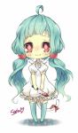 1girl :3 ahoge aqua_hair blood blue_hair cat_tail chibi frills green_legwear highres knife long_hair ninapon original red_eyes simple_background smile solo tail thigh-highs twintails wings yandere 