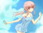  1girl bangs bare_shoulders blue_dress blue_sky blush bow breasts cellphone cleavage clenched_hand clouds cloudy_sky dress floating_hair from_side gasai_yuno hair_bow holding leaning_forward light_smile long_hair looking_at_viewer mirai_nikki off_shoulder outdoors outstretched_arm phone pink_eyes pink_hair scrunchie short_dress sidelocks sky small_breasts smile solo standing sundress twintails wide_sleeves 