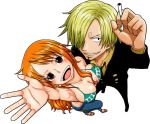  1boy 1girl bikini_top blonde_hair breast_press breasts cigarette cleavage collared_shirt couple earrings foreshortening formal from_above grin hair_over_one_eye high_heels jewelry large_breasts long_hair looking_up nami_(one_piece) necktie one_piece orange_hair pants sabaody_archipelago sanji shirt shoes smile suit white_background yamadaenako yellow_shirt 