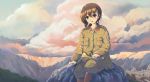  1girl boots brown_eyes brown_hair city hair_ornament hairclip instrument landscape military military_uniform ranranloo short_hair sitting solo sora_no_woto sorami_kanata trumpet uniform 