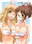  2girls ;d ahoge akizuki_ritsuko antenna_hair arms_behind_back asymmetrical_docking bangs bikini blonde_hair blunt_bangs blush breast_hold breast_press breasts brown_eyes brown_hair cleavage folded_ponytail frilled_bikini frills fuyube_rion glasses green_eyes hair_up halterneck hips hoshii_miki idolmaster large_breasts long_hair looking_at_viewer multiple_girls narrow_waist navel o-ring_bikini o-ring_top one_eye_closed open_mouth polka_dot polka_dot_background short_hair sidelocks smile swimsuit under_boob upper_body wavy_hair white_bikini white_swimsuit wide_hips wink 