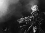  1girl adepta_sororitas bolter dated facial_mark female gun highres monochrome signature sisters_of_battle solo steam tagme warhammer_40k weapon 