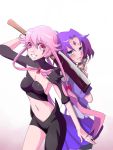 2girls back-to-back blush bow breasts card cosplay costume_switch crossover facial_mark forehead_jewel gasai_yuno gasai_yuno_(cosplay) grin hair_bow hatchet kagamimochi knife looking_at_viewer midriff mirai_nikki multiple_girls navel pink_hair purple_hair simple_background smile twintails weapon yandere yu-gi-oh! yubel yubel_(cosplay) yuu-gi-ou_gx 