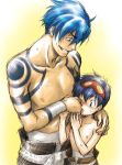  2boys belt black_eyes blue_hair goggles height_difference kamina kurenai_karasu male multiple_boys muscle pants red_eyes sarashi shirtless short_hair simon tattoo tengen_toppa_gurren_lagann topless wink yellow_background 