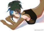  1girl back blue_eyes blue_hair breasts jaimito king_of_fighters large_breasts leona_heidern lips long_hair lying on_stomach ponytail snk solo tank_top the_king_of_fighters 