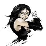  1girl black_hair breasts capcom claws cleavage elbow_gloves from_side gloves green_eyes ink jacky_(artist) long_hair marvel marvel_vs._capcom marvel_vs._capcom_3 parody solo street_fighter street_fighter_iv style_parody x-23 x-men 