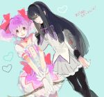  2girls akemi_homura black_hair bow bow_(weapon) drawr dress frills gloves hair_bow heart kaname_madoka magical_girl mahou_shoujo_madoka_magica multiple_girls pantyhose pink_hair ribbon shiramine_(srmn09) short_twintails skirt smile twintails weapon 